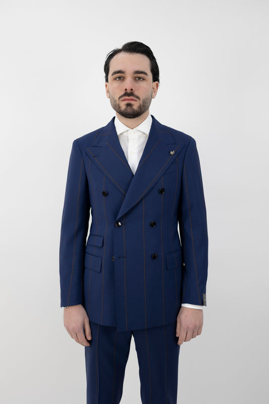 ABITO DOPPIOPETTO BLU GESSATO A RIGHE MARRONI 63379/3 3740 GABRIELE PASINI