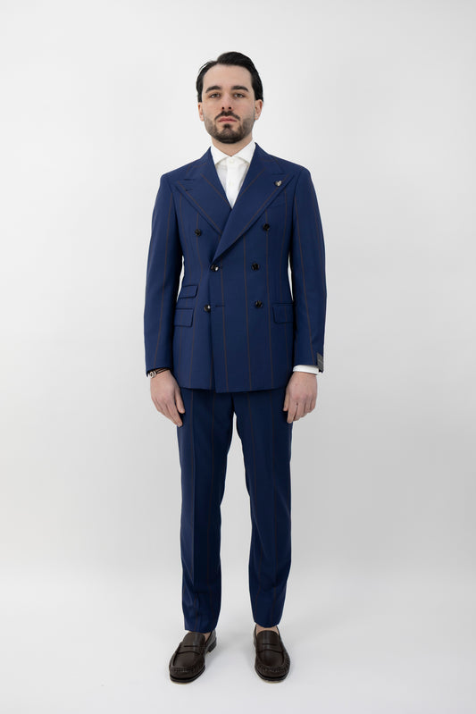 ABITO DOPPIOPETTO BLU GESSATO A RIGHE MARRONI 63379/3 3740 GABRIELE PASINI